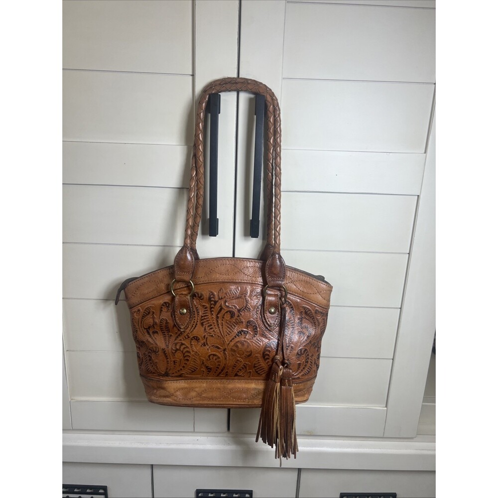 PATRICIA NASH Adeline Brown Cognac Leather Cutout Tooled Tote Strap Shoulder Bag